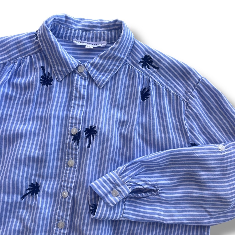 Jane + Delancey M Blue White Striped Palm Tree Embroider Button Down Shirt Beach